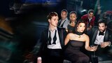A stylish group of young professionals in formal evening wear sit in a dimly lit lounge. The mood is tense and glamorous, with cocktails in hand and intense expressions suggesting ambition, power plays, and hidden agendas.