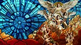 A dramatic stained glass-style image depicting shirtless, muscular men wielding swords and ascending with angels amid swirling blue and gold light. At the top, a radiant figure with wings and outstretched arms watches over them, evoking a heavenly, apocalyptic scene filled with biblical imagery and emotional intensity.